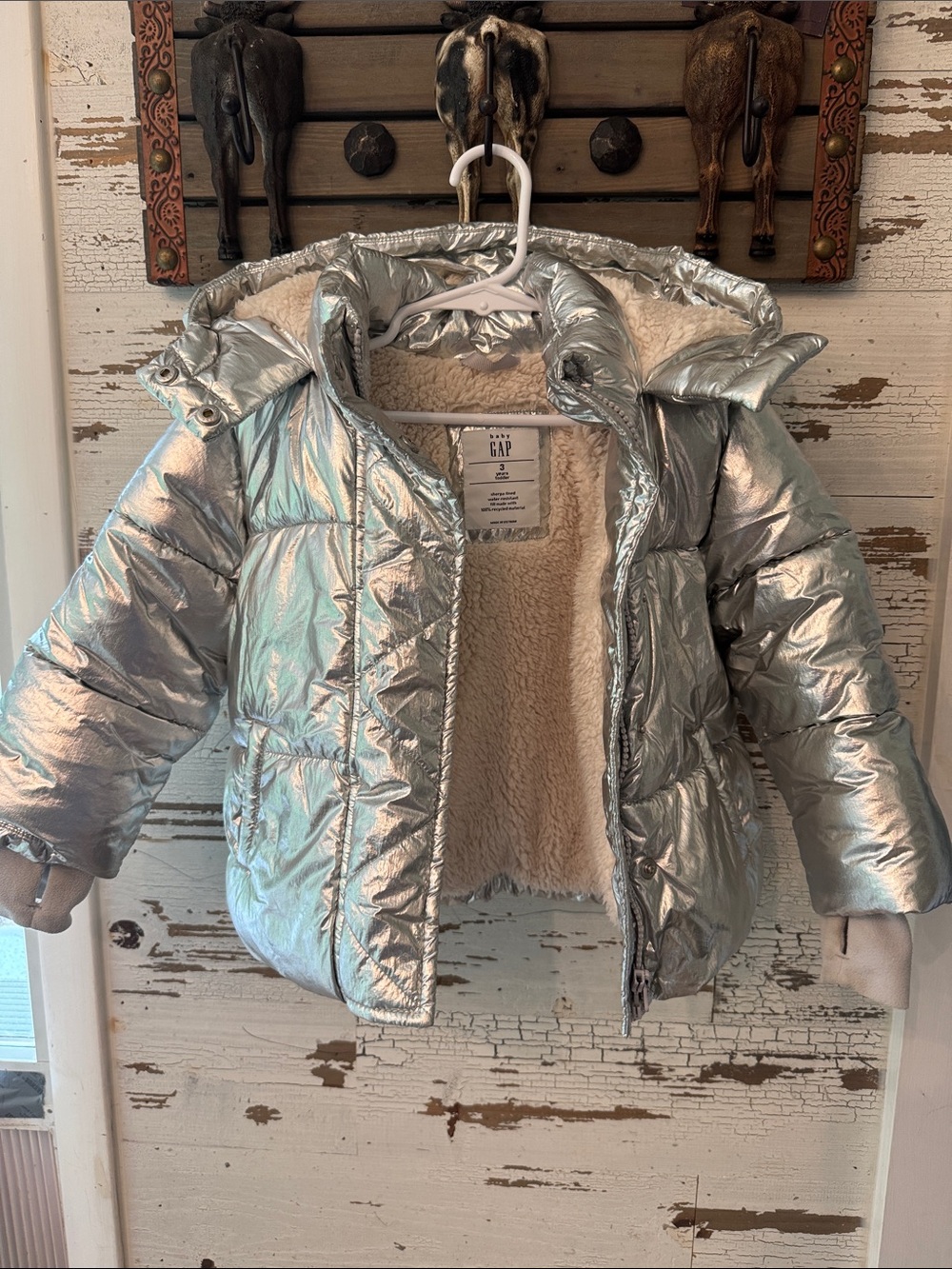 GAP Metallic Silver Hooded Puffer Jacket